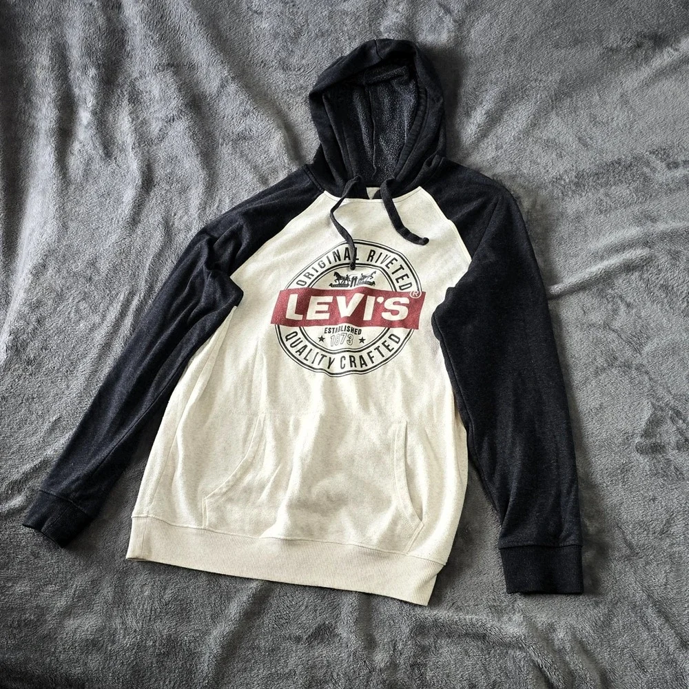 Levis Mens Hoodie Medium Gray‎ White Raglan Graphic Logo Sweatshirt 3LGLK2080
